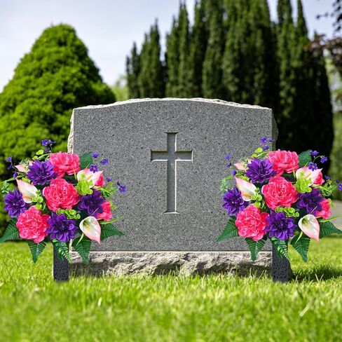 زهور المقبرة الصناعية للقبر من دوليسر، مجموعة من 2 زهور قبر تذكارية للمقبرة مع مزهرية من الحرير الواقعي، زخارف زهور الفاوانيا المقاومة للأشعة فوق البنفسجية (الأحمر مع الأرجواني) in Kuwait