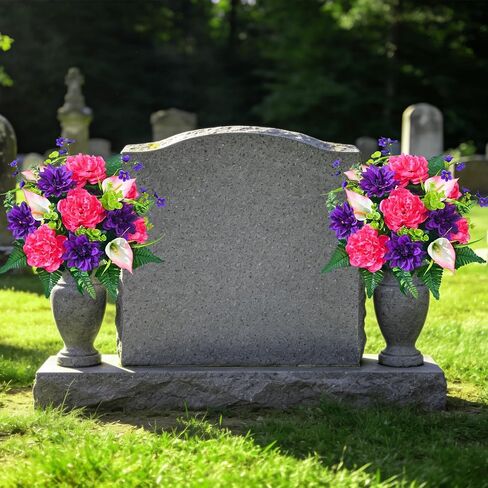 زهور المقبرة الصناعية للقبر من دوليسر، مجموعة من 2 زهور قبر تذكارية للمقبرة مع مزهرية من الحرير الواقعي، زخارف زهور الفاوانيا المقاومة للأشعة فوق البنفسجية (الأحمر مع الأرجواني) in Kuwait