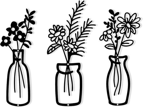 HVEST 3 Pieces Black Metal Flower Wall Art for Living Room, Metal Vase Wall Art for Rustic Farmhouse Kitchen Bathroom Bedroom Home Modern Wall Decor Sculpture in Kuwait