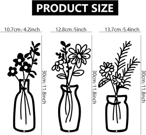 HVEST 3 Pieces Black Metal Flower Wall Art for Living Room, Metal Vase Wall Art for Rustic Farmhouse Kitchen Bathroom Bedroom Home Modern Wall Decor Sculpture in Kuwait