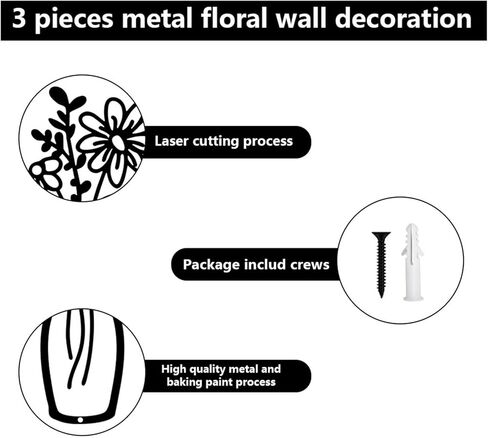 HVEST 3 Pieces Black Metal Flower Wall Art for Living Room, Metal Vase Wall Art for Rustic Farmhouse Kitchen Bathroom Bedroom Home Modern Wall Decor Sculpture in Kuwait