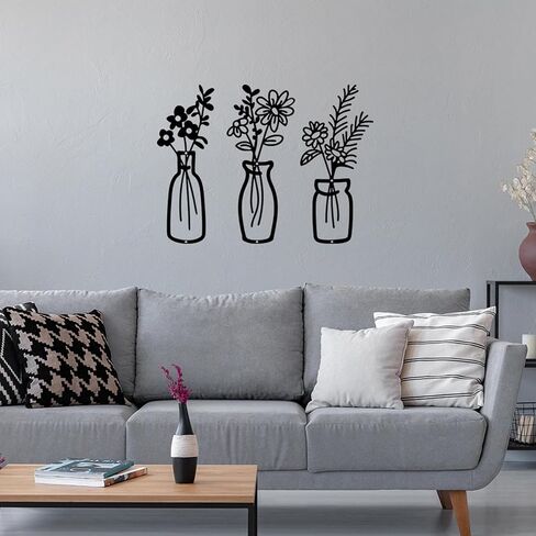 HVEST 3 Pieces Black Metal Flower Wall Art for Living Room, Metal Vase Wall Art for Rustic Farmhouse Kitchen Bathroom Bedroom Home Modern Wall Decor Sculpture in Kuwait