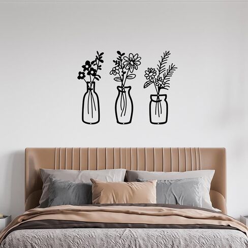 HVEST 3 Pieces Black Metal Flower Wall Art for Living Room, Metal Vase Wall Art for Rustic Farmhouse Kitchen Bathroom Bedroom Home Modern Wall Decor Sculpture in Kuwait