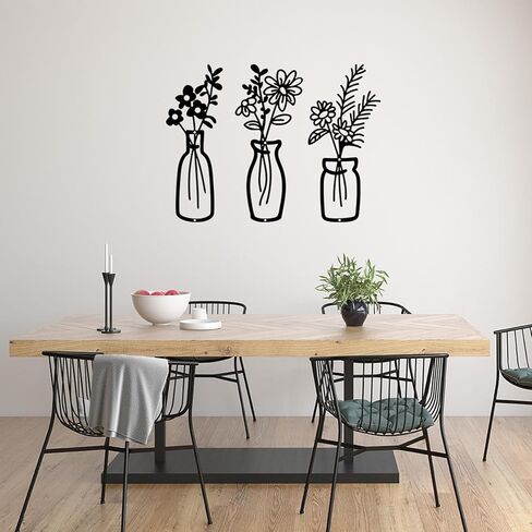 HVEST 3 Pieces Black Metal Flower Wall Art for Living Room, Metal Vase Wall Art for Rustic Farmhouse Kitchen Bathroom Bedroom Home Modern Wall Decor Sculpture in Kuwait