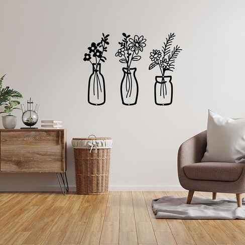 HVEST 3 Pieces Black Metal Flower Wall Art for Living Room, Metal Vase Wall Art for Rustic Farmhouse Kitchen Bathroom Bedroom Home Modern Wall Decor Sculpture in Kuwait