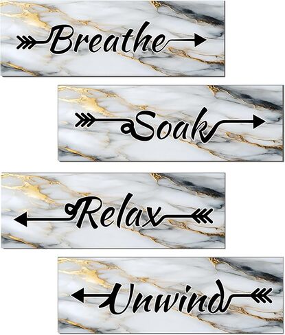 Lnond 4 Pieces White Gold Marble Bathroom Wall Art, Relax Soak Unwind Breathe Signs Decor, Wood Hanging Bathroom Wall Art for Spa Room (12 x 4 Inch) in Saudi Arabia