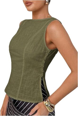 SweatyRocks Women's Side Slit Button Down Blouse Sleeveless Round Neck Casual Summer Going Out Tops in Saudi Arabia