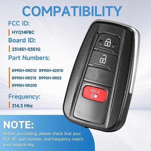 Smart Key Fob Replacement Fits for Toyota RAV4 2019 2020 2021 Proximity Keyless Entry Remote Control 314.3 Mhz P/N:8990H-0R010 8990H-42010 8990H-0R210 8990H-0R020 8990H-0R200 FCC:HYQ14FBC in Kuwait