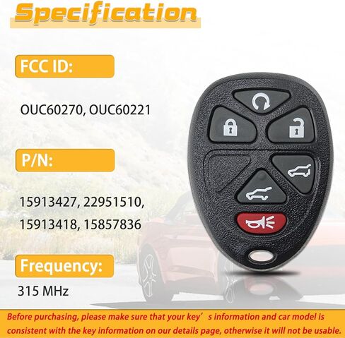 Key Fob Replacement Fits for Cadillac Escalade ESV EXT GMC Yukon/Yukon XL Chevy Tahoe Suburban 1500 2500 2007 2008 2009 2010 2011 2012 2013 2014 Keyless Entry Remote Control OUC60270 OUC60221 2Pcs in Kuwait