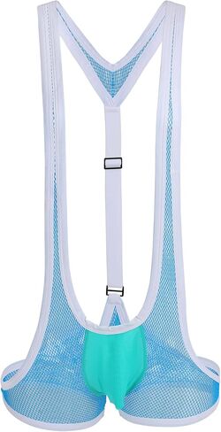 Greenery-GRE Sexy Men Mesh Wrestling Singlet Mankini Bodysuit See Through Leotard Underwear Jockstrap Suspender Thong in Kuwait