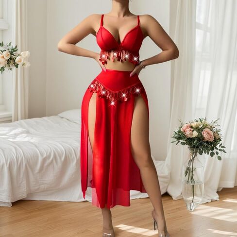 Sexy Lingerie Set for Women Belly Dance Costume with Long High Slit Sheer Skirt Exotic Fringe Bra and G-String Thong 3 Piece in Saudi Arabia