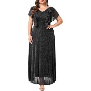 فستان سيكلامين رسمي مقاس كبير براق على شكل حرف V وأكمام واسعة على شكل حرف A فساتين ماكسي لحفلات الزفاف وحفلات الزفاف والحفلات المسائية in Kuwait