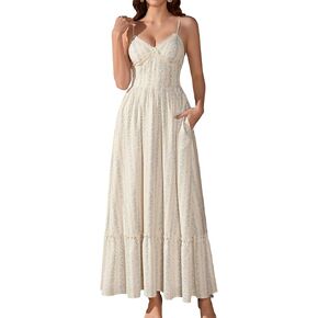 GLNEGE Women's Floral Wedding Guest Long Dress Summer Flowy Tea Party Dresses Spaghetti Straps Lace V Neck Sundress in Kuwait
