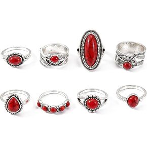 مجموعة خواتم غربية حمراء للنساء، خواتم مفصلية فضية عتيقة قابلة للتكديس، أساور أصابع من الحجر الأحمر على الطراز الجنوبي الغربي من بوهو، هدايا إكسسوارات المجوهرات التنكرية in Kuwait