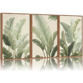 Rantodecor Sage Green Framed Canvas Wall Art, Minimalist Tropical Leaf Wall Decor, Boho Beige Nature Leaf Art Paintings, Bohemian Triple Panel Plant Artwork for Bedroom Living Room Office 16"x24"x3 in Saudi Arabia