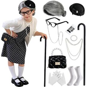 Latocos 16pcs Girls 100 Days of School Costume Kids Old Lady Costume Pillbox Hat Bag Gloves Grandma Cardigan Dress Up Set in Kuwait