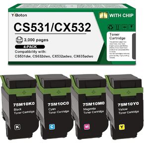 High Yield CS531 CX532 Toner Cartridge with Smart Chip (75M10K0 75M10C0 75M10M0 75M10Y0) Replacement for Lexmark CS531dw CS632dwe CX532adwe CX635adwe Printers(4-Pack) in Kuwait