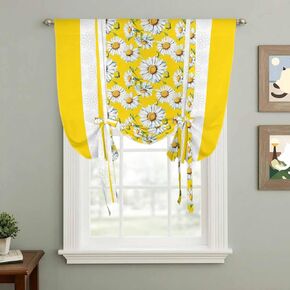 Yellow Daisy Tie Up Curtains for Window, Farmhouse Floral Yellow Striped Thermal Insulated Balloon Shade Adjustable Rod Pocket Curtains Valance Panels for Kitchen Bathroom Café 42'' x 63'' in Saudi Arabia