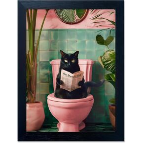 مؤطرة الأسود القط الحمام جدار الفن العصرية جرلي قماش طباعة مضحك القط القراءة الوردي المرحاض ديكور مزرعة صورة جدار ديكور in Kuwait