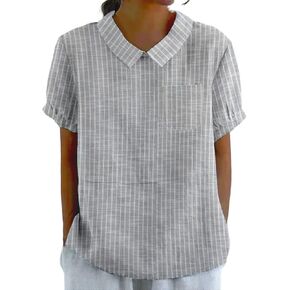Cotton Linen Shirt for Womens 2026 Summer Collared Short Sleeve Boho Shirts Casual Loose Beach Vacation Blouse in Kuwait