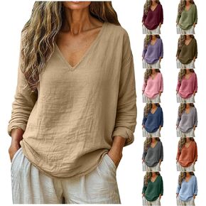 Linen Shirts for Women Casual V Neck Long Sleeve Plus Size Cotton Shirts Summer Beach Blouses Spring Fashion Clothes in Kuwait