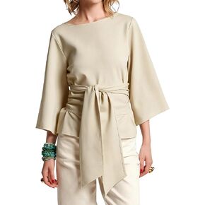 Women's Waist Belted Blouse 3/4 Trumpet Sleeve Tunic Tops 2026 Summer Business Casual Loose Fit Crew Neck Shirt in Kuwait
