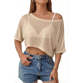 Women's Sheer Mesh Off Shoulder Crop Top See Through Short Sleeve Loose Fit Summer Tee Shirt for Beach Cover up in Saudi Arabia