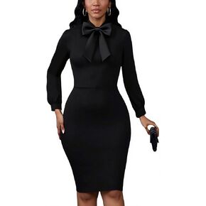 MsavigVice Womens Bodycon Elegant Fixed Bowknot Work Office Pencil Dresses Mandarin Collar Long Sleeve Business Midi Dress in Kuwait