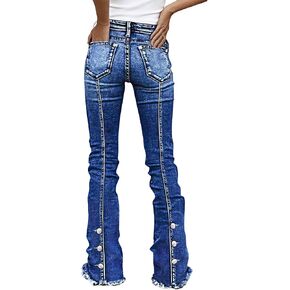 Flamingals Mid Rise Bootcut Jeans for Women Wash Seam Back Button Decor Raw Hem Denim Jeans with Pockets in Kuwait