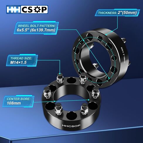 فواصل عجلات HHCSOP 6x5.5 إلى 6x5.5 مقاس 2 بوصة تناسب 1999-2025 Chevy Silverado 1500 Tahoe GMC Sierra 1500 Forged 6 Lug 6x139.7mm محولات العجلات M14x1.5 Hub Bore 108mm، أسود 4 قطع in Saudi Arabia