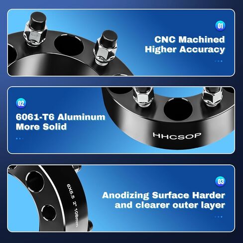 فواصل عجلات HHCSOP 6x5.5 إلى 6x5.5 مقاس 2 بوصة تناسب 1999-2025 Chevy Silverado 1500 Tahoe GMC Sierra 1500 Forged 6 Lug 6x139.7mm محولات العجلات M14x1.5 Hub Bore 108mm، أسود 4 قطع in Saudi Arabia