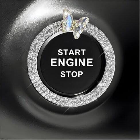 إكسسوارات السيارة بشعار خاتم بلينغ، غطاء زر تشغيل على شكل فراشة من حجر الراين المتلألئ، حلقة إشعال مفتاح تزيين المحرك الماسي للنساء والفتيات (أبيض) in Kuwait