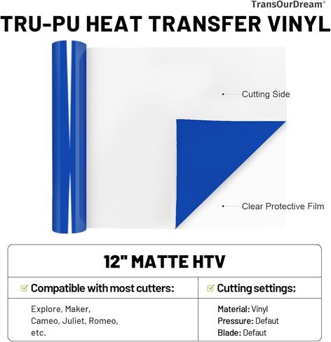 TransOurDream Matte Blue HTV Heat Transfer Vinyl Roll for All Cutter Machines - 12'' x 5ft PU Royal Blue Iron on Vinyl for T-Shirts - Thin and Easy to Weed in Saudi Arabia