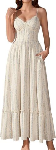 GLNEGE Women's Floral Wedding Guest Long Dress Summer Flowy Tea Party Dresses Spaghetti Straps Lace V Neck Sundress in Kuwait