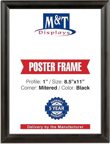 M&T Displays Snap Poster Frame 8.5x11 Inch Black 1" Aluminum Profile Front Loading Wall Mounting Photo Picture Document Certificate Sign Holder Mitered Corner Anti Glare Cover in Kuwait