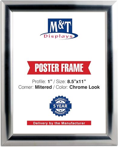 M&T Displays Snap Poster Frame 8.5x11 Inch Chrome 1" Aluminum Profile Front Loading Wall Mounting Photo Picture Document Certificate Sign Holder Mitered Corner Anti Glare Cover in Kuwait