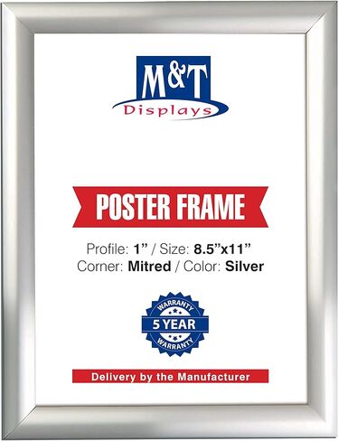 M&T Displays Silver 8.5x11 Poster Frame 1 inch Aluminum Profile Front Loading Wall Mounting Snap Frame Display for Picture, Document or Certificate with Mitred Corner in Kuwait