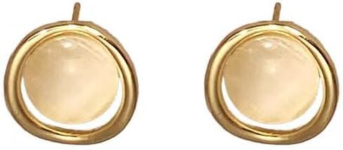18K Gold Plated Round Halo Stud Earrings for Women, Elegant Creamy Yellow Resin Cabochon Post Earrings with Polished Gold Frame, Minimalist Modern Jewelry for Professional and Daily Wear in Kuwait