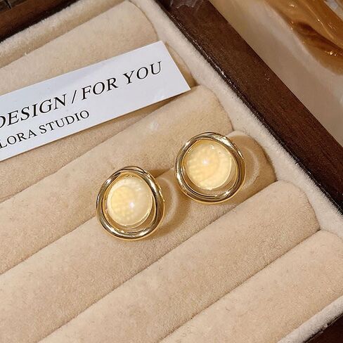 18K Gold Plated Round Halo Stud Earrings for Women, Elegant Creamy Yellow Resin Cabochon Post Earrings with Polished Gold Frame, Minimalist Modern Jewelry for Professional and Daily Wear in Kuwait