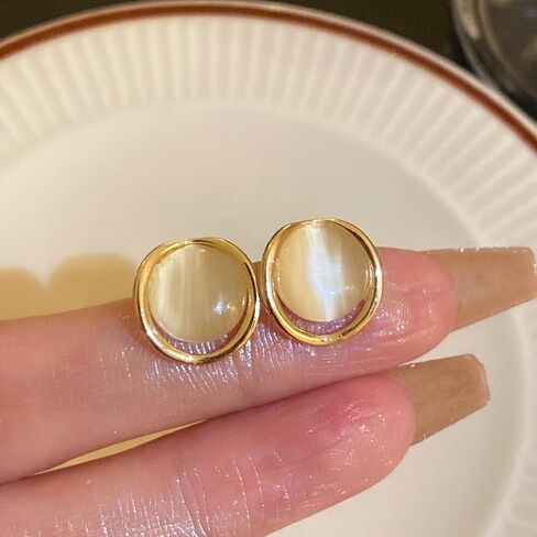 18K Gold Plated Round Halo Stud Earrings for Women, Elegant Creamy Yellow Resin Cabochon Post Earrings with Polished Gold Frame, Minimalist Modern Jewelry for Professional and Daily Wear in Kuwait