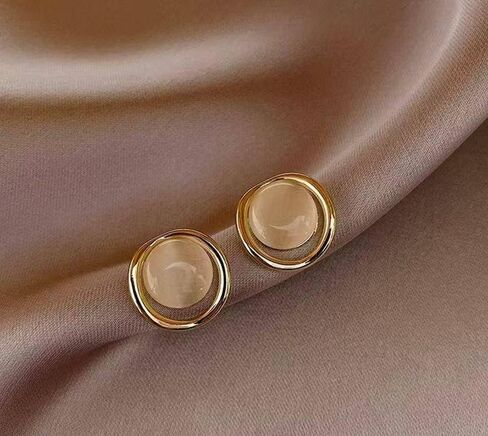 18K Gold Plated Round Halo Stud Earrings for Women, Elegant Creamy Yellow Resin Cabochon Post Earrings with Polished Gold Frame, Minimalist Modern Jewelry for Professional and Daily Wear in Kuwait