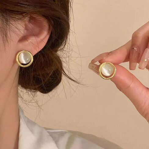 18K Gold Plated Round Halo Stud Earrings for Women, Elegant Creamy Yellow Resin Cabochon Post Earrings with Polished Gold Frame, Minimalist Modern Jewelry for Professional and Daily Wear in Kuwait