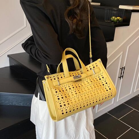 Perforated Leather Tote Bag, Stylish Hollow Out Handbag with Detachable Pouch, Summer Top - Handle Purse for Daily & Office in Saudi Arabia