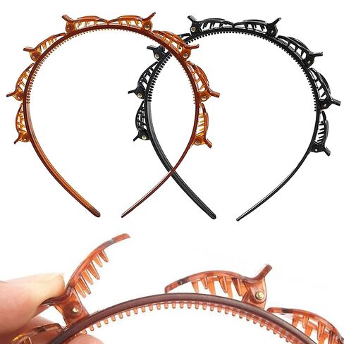 قطعتان من عصابة الرأس مع مشابك للنساء، عصابة رأس ذات مشبك مسنن بطبقة مزدوجة وشريط شعر مع مشابك مرفقة لسهولة تصفيف الشعر بنفسك، وإكسسوارات تصفيف أدوات الضفائر باللون الأسود والبني in Kuwait