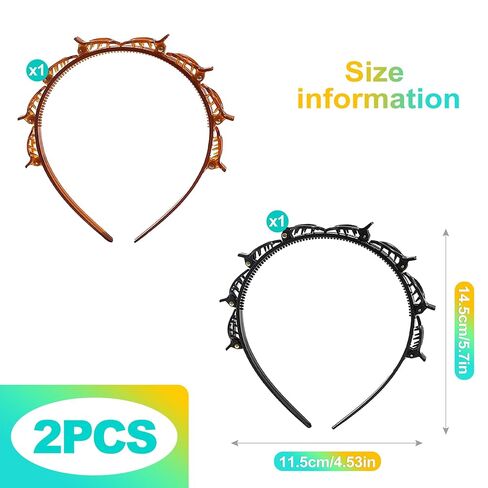 قطعتان من عصابة الرأس مع مشابك للنساء، عصابة رأس ذات مشبك مسنن بطبقة مزدوجة وشريط شعر مع مشابك مرفقة لسهولة تصفيف الشعر بنفسك، وإكسسوارات تصفيف أدوات الضفائر باللون الأسود والبني in Kuwait