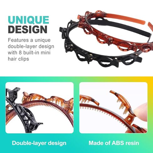 قطعتان من عصابة الرأس مع مشابك للنساء، عصابة رأس ذات مشبك مسنن بطبقة مزدوجة وشريط شعر مع مشابك مرفقة لسهولة تصفيف الشعر بنفسك، وإكسسوارات تصفيف أدوات الضفائر باللون الأسود والبني in Kuwait