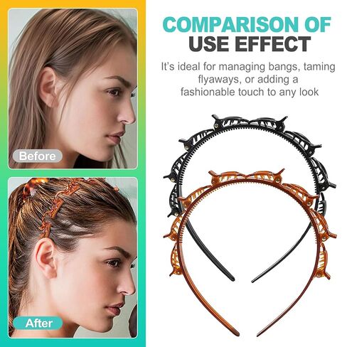 قطعتان من عصابة الرأس مع مشابك للنساء، عصابة رأس ذات مشبك مسنن بطبقة مزدوجة وشريط شعر مع مشابك مرفقة لسهولة تصفيف الشعر بنفسك، وإكسسوارات تصفيف أدوات الضفائر باللون الأسود والبني in Kuwait