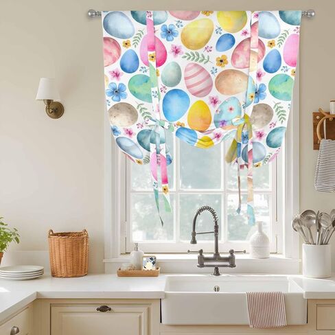Easter Tie Up Curtains for Window, Spring Country Colorful Eggs Flower Leaf Plant Thermal Insulated Balloon Shade Adjustable Rod Pocket Curtains Valance Panels for Kitchen Bathroom Café 42'' x 45'' in Saudi Arabia