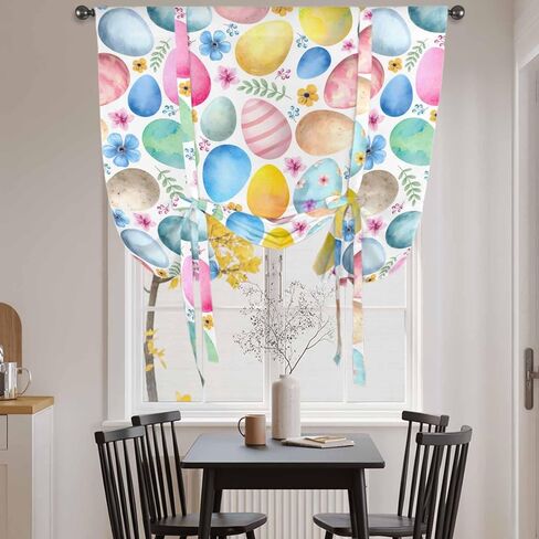 Easter Tie Up Curtains for Window, Spring Country Colorful Eggs Flower Leaf Plant Thermal Insulated Balloon Shade Adjustable Rod Pocket Curtains Valance Panels for Kitchen Bathroom Café 42'' x 45'' in Saudi Arabia