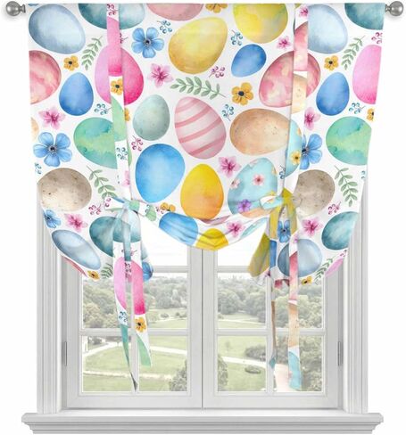 Easter Tie Up Curtains for Window, Spring Country Colorful Eggs Flower Leaf Plant Thermal Insulated Balloon Shade Adjustable Rod Pocket Curtains Valance Panels for Kitchen Bathroom Café 42'' x 45'' in Saudi Arabia